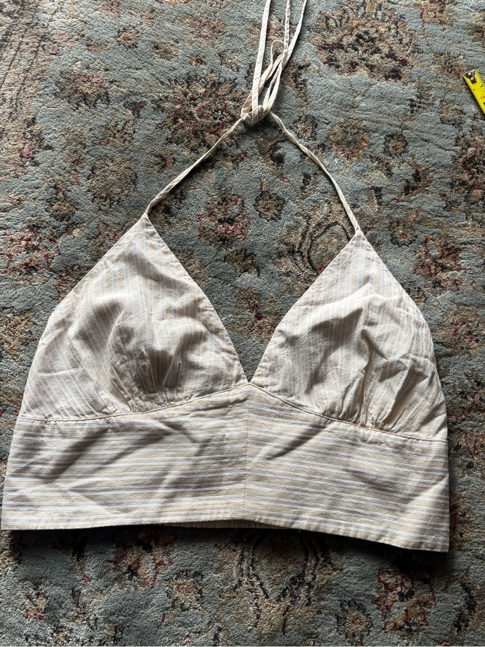 Dynamite Beige and Cream Striped Halter Crop Top